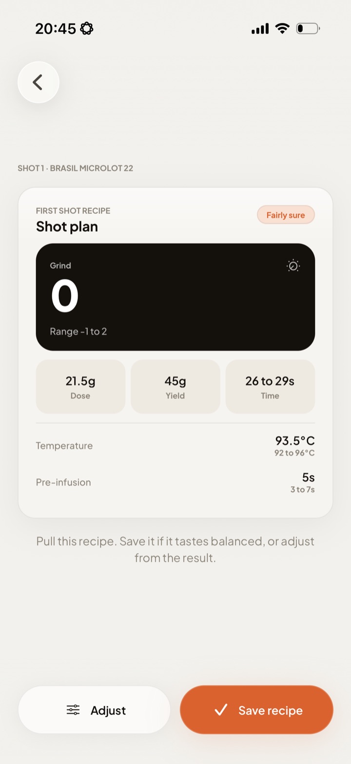 Dialed first shot recipe screen